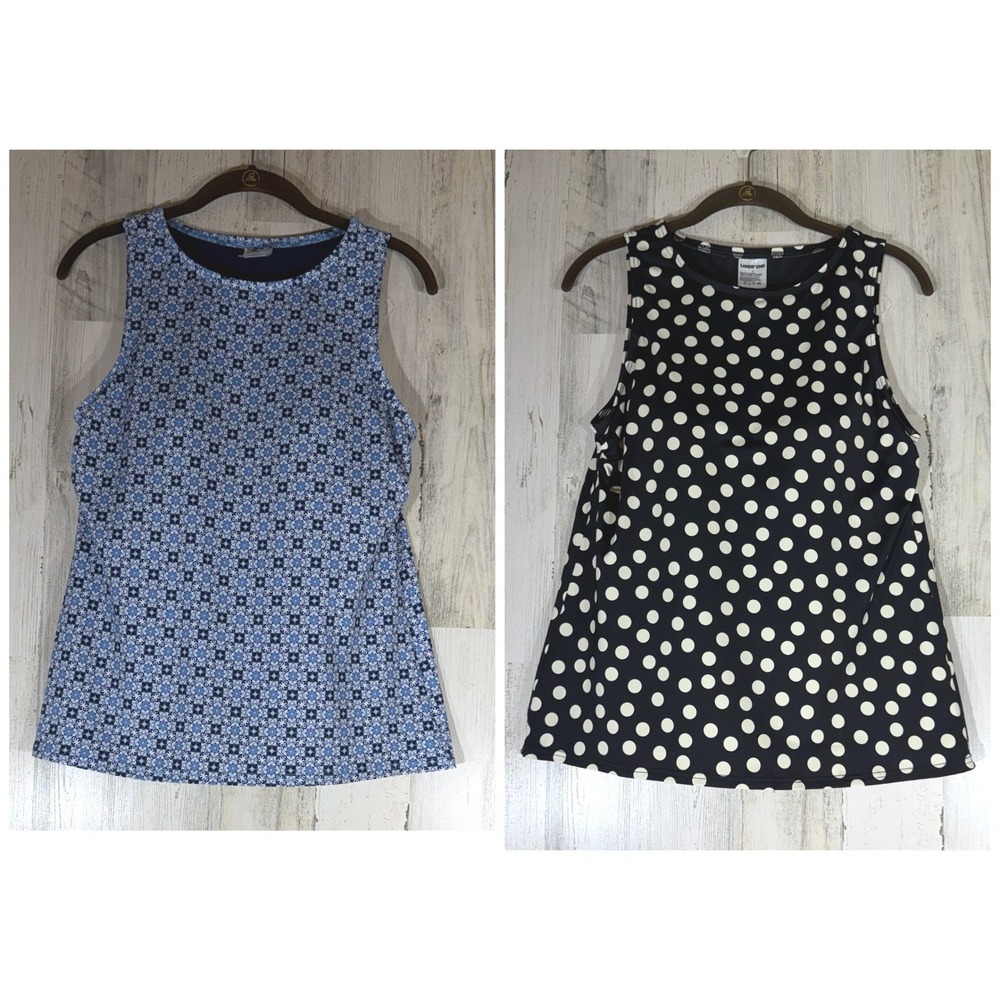 Lands End Swim Tankini Top 12 Blue Geometric Black Polka Dot Lot of 2 Beach Pool